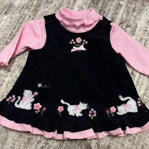 Infant Girls Corduroy Pink and Black Cat Embroidered Dress